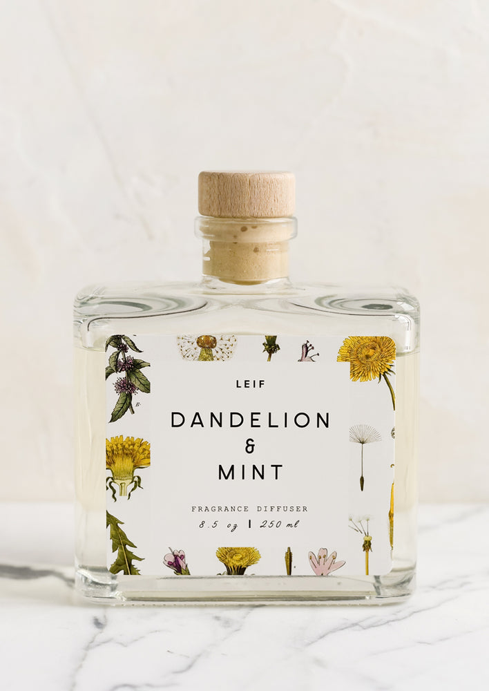 Dandelion & Mint: A dandelion and mint scented reed diffuser with glass bottle.