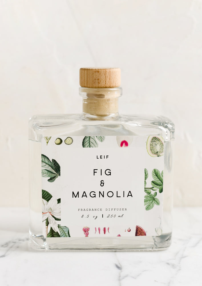 Fig & Magnolia: A fig and magnolia scented reed diffuser with glass bottle.