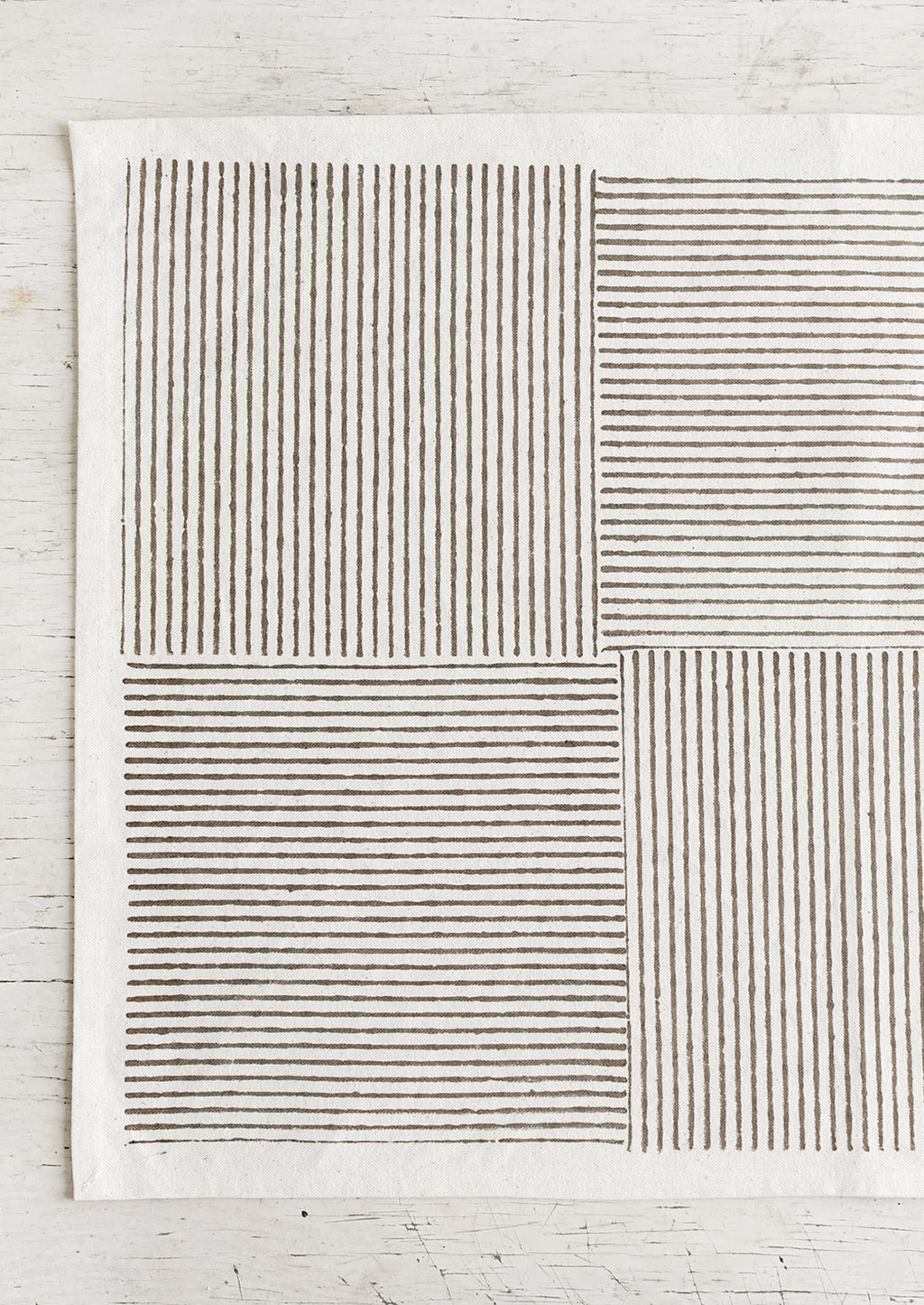 Natural / Khaki: Block printed cotton placemats with boxed stripe pattern in khaki.