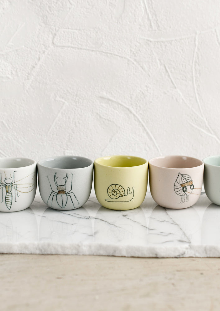 10: Extra small cups in assorted colors with bug sketches.