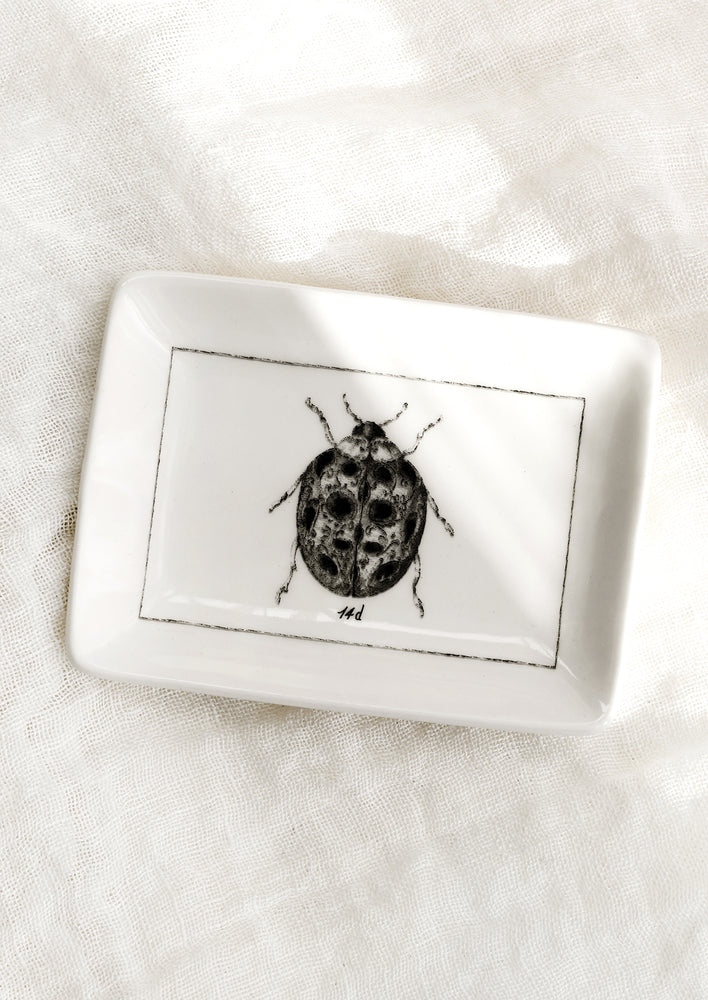 A black and white trinket dish with ladybug.