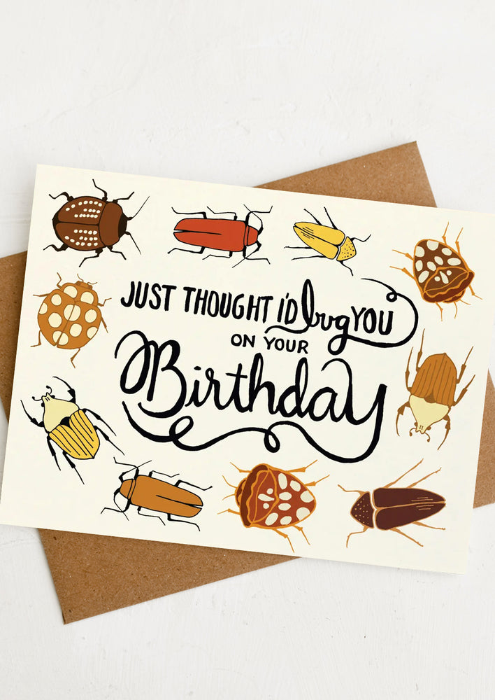 1: A bug print card reading "Just thought I'd bug you on your birthday".