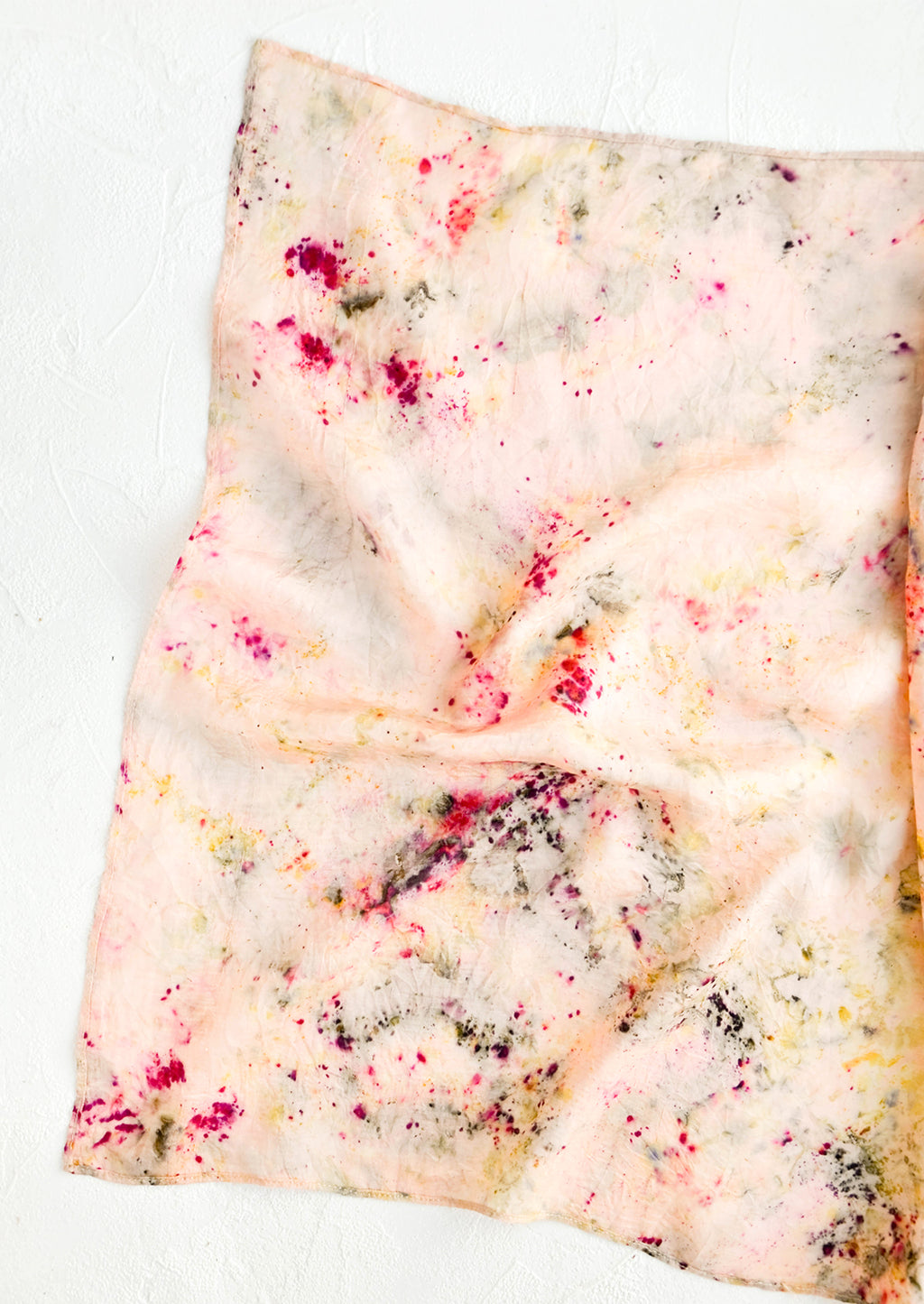 #01: Botanically dyed, one of a kind silk scarf with randomized splatters of color. Soft pink with hot pink splatters.