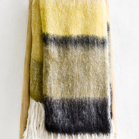 Dune Multi: A striped mohair throw blanket in tones of yellow and black.