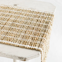 1: A table runner made of natural banana fiber with white stitching.