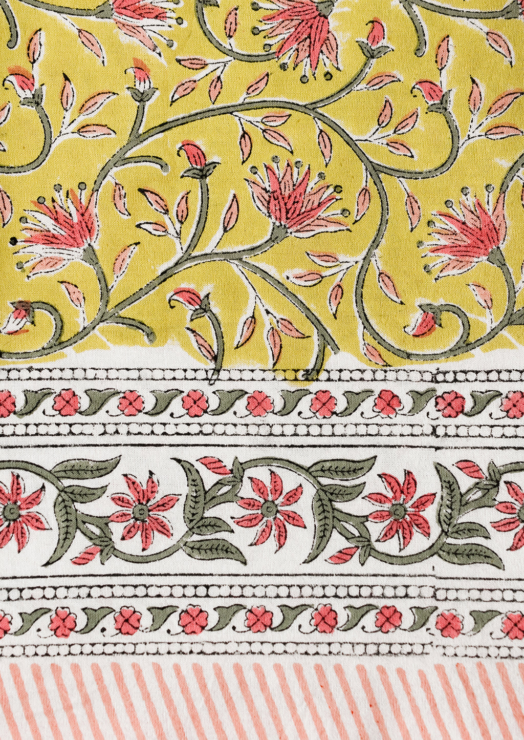 4: A block printed tablecloth in yellow, pink and green floral.