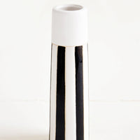 1: Tall and skinny black and white striped ceramic vase