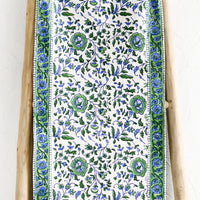 1: A table runner in blue and green floral block print.