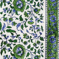 2: A block printed textile in blue and green.