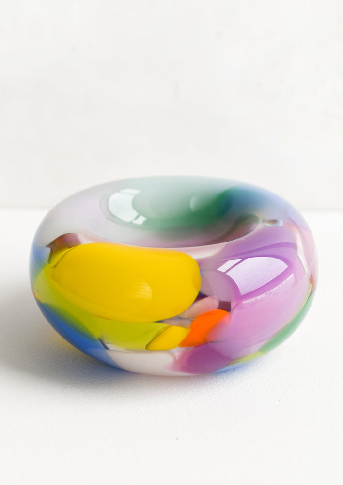 1: A multicolor, rainbow-hued hand-blown glass catchall bowl.