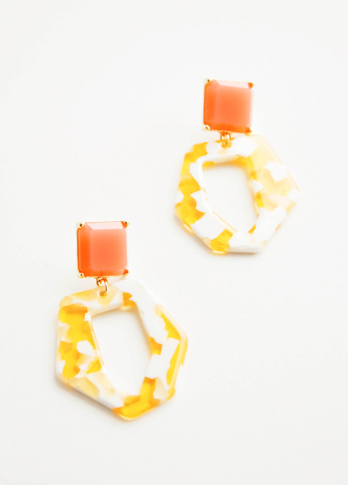 Yellow / Peach: Acetate earrings with square coral gem post and yellow and white abstract oval drop.