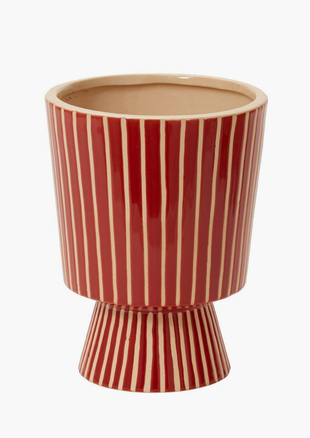 Large [$74.00]: A footed planter with vertical white stripes on red ceramic.