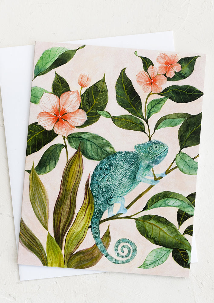 1: A greeting card with chameleon illustration.
