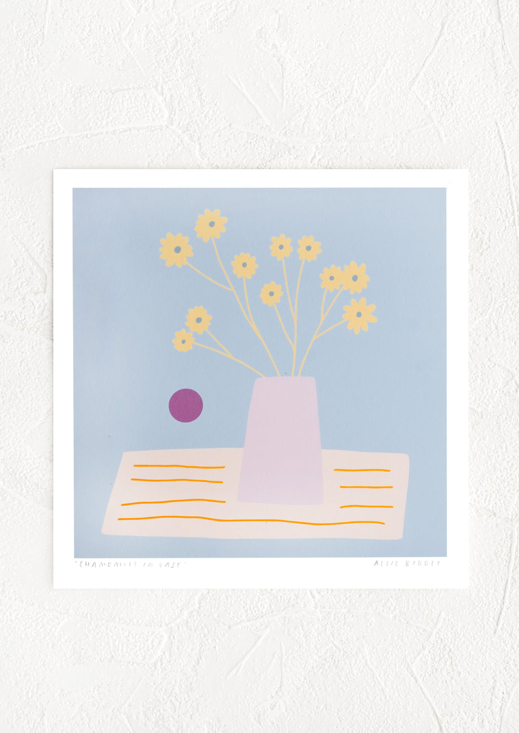 1: A digital art print with illustration of a vase of flowers on a striped blanket.