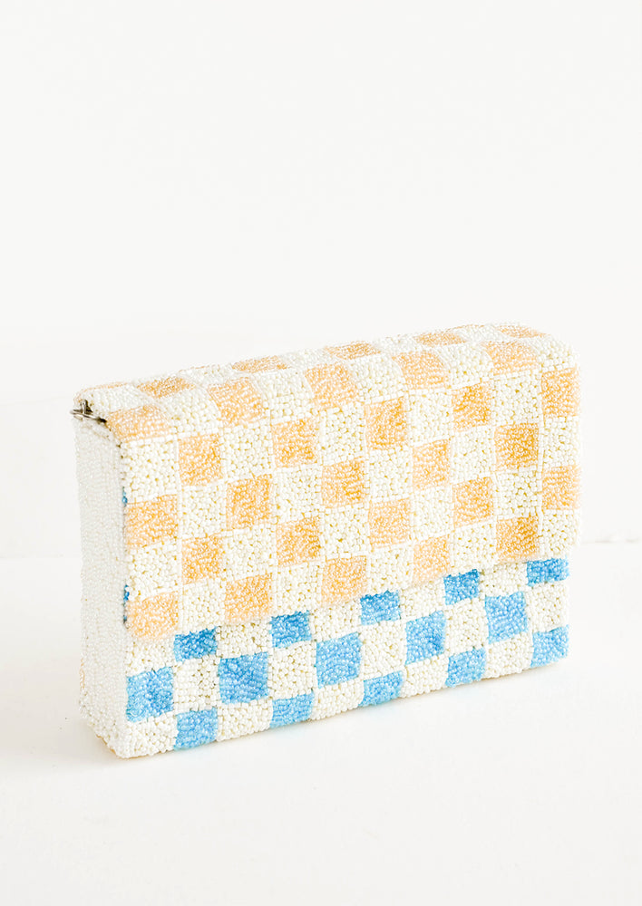 Coffee / Turquoise: Checkerboard Beaded Clutch in Coffee / Turquoise - LEIF