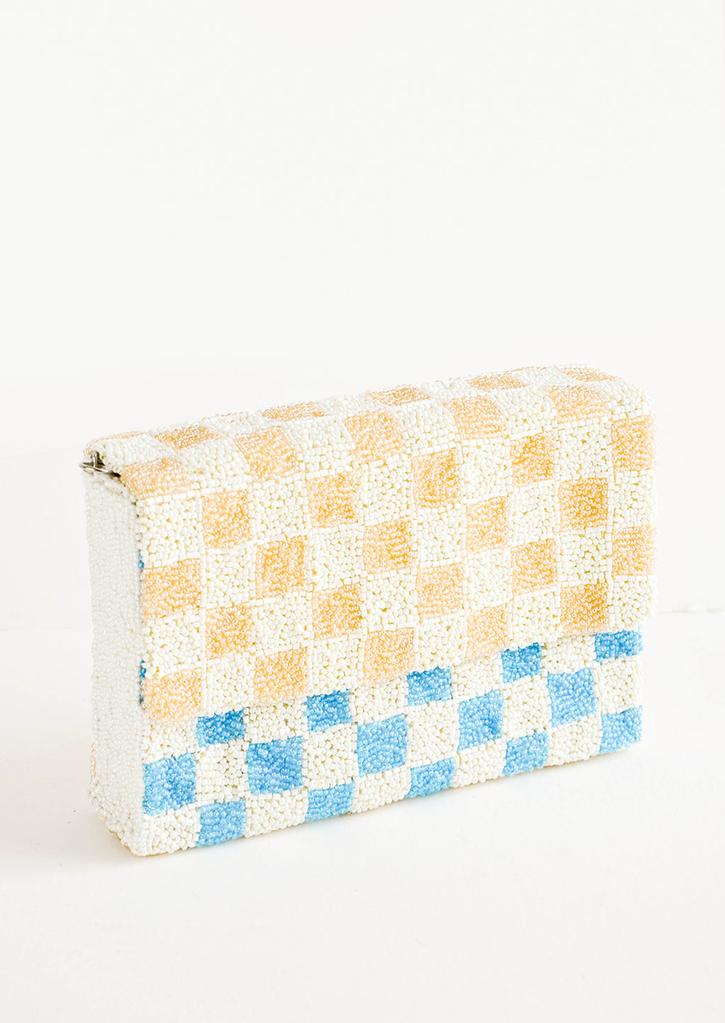 Coffee / Turquoise: Checkerboard Beaded Clutch in Coffee / Turquoise - LEIF