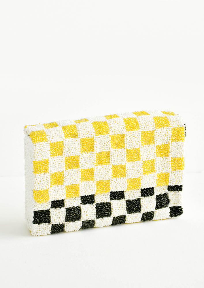 Checkerboard Beaded Clutch in Yellow / Olive - LEIF