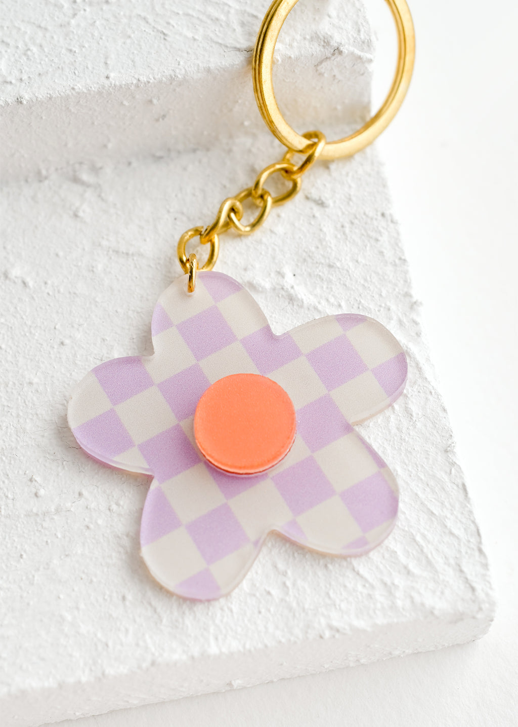 Lavender Multi: Flower shaped keychain in purple checker print.