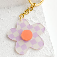 Lavender Multi: Flower shaped keychain in purple checker print.