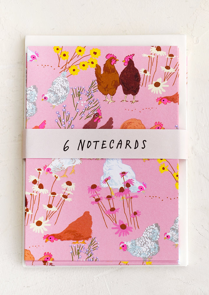 Pink notecards with chicken print.