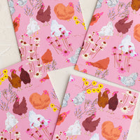 3: Pink notecards with chicken print.