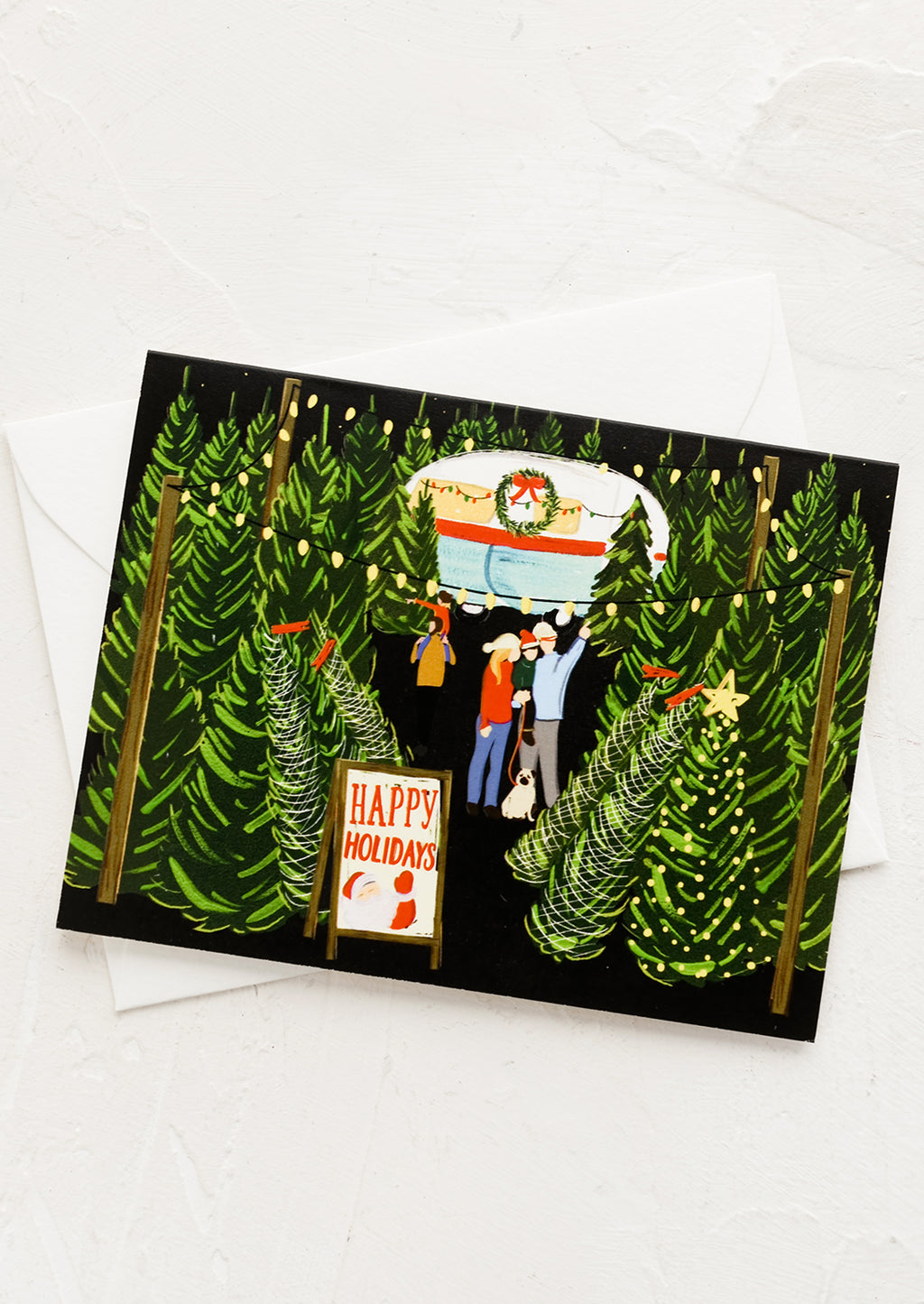 Single Card: A greeting card with illustration of family shopping for a Christmas tree.