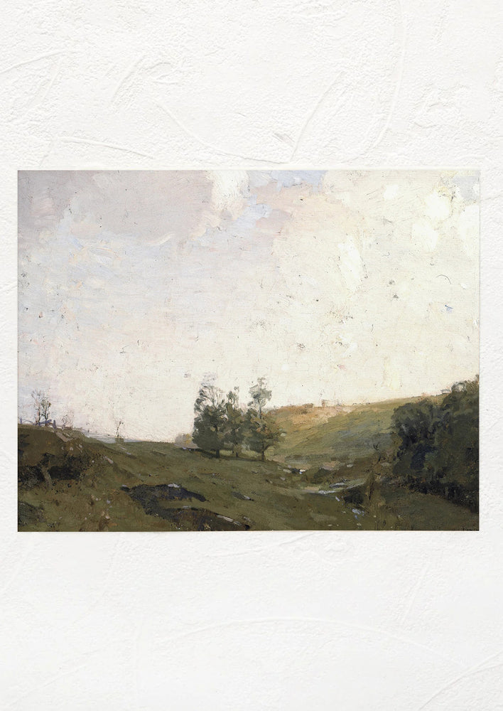 An antique reproduction painting of a landscape with sky.