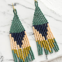Spruce / Blush / Navy Multi: A pair of colorblocked beaded earrings with geometric design.