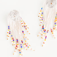 Champagne Multi: Dangly earrings with multiple strands stemming from an arched shape, heavily beaded in a multicolor mix of beads