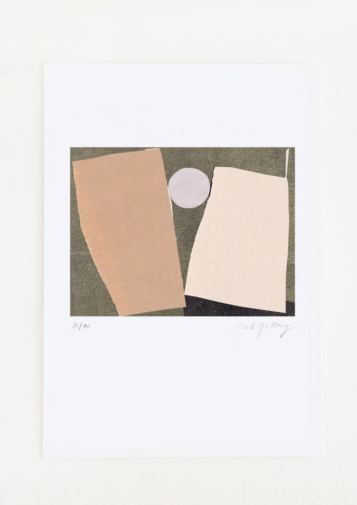 1: An abstract art print featuring a composition in black, brown, tan and lilac.