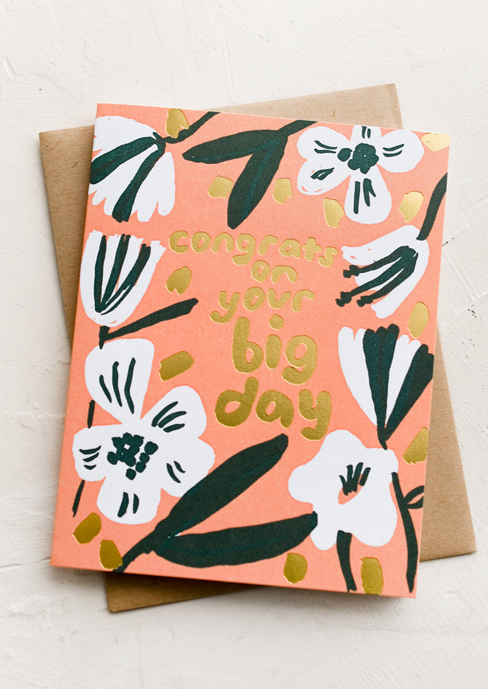 1: A peach floral card reading "congrats on your big day".