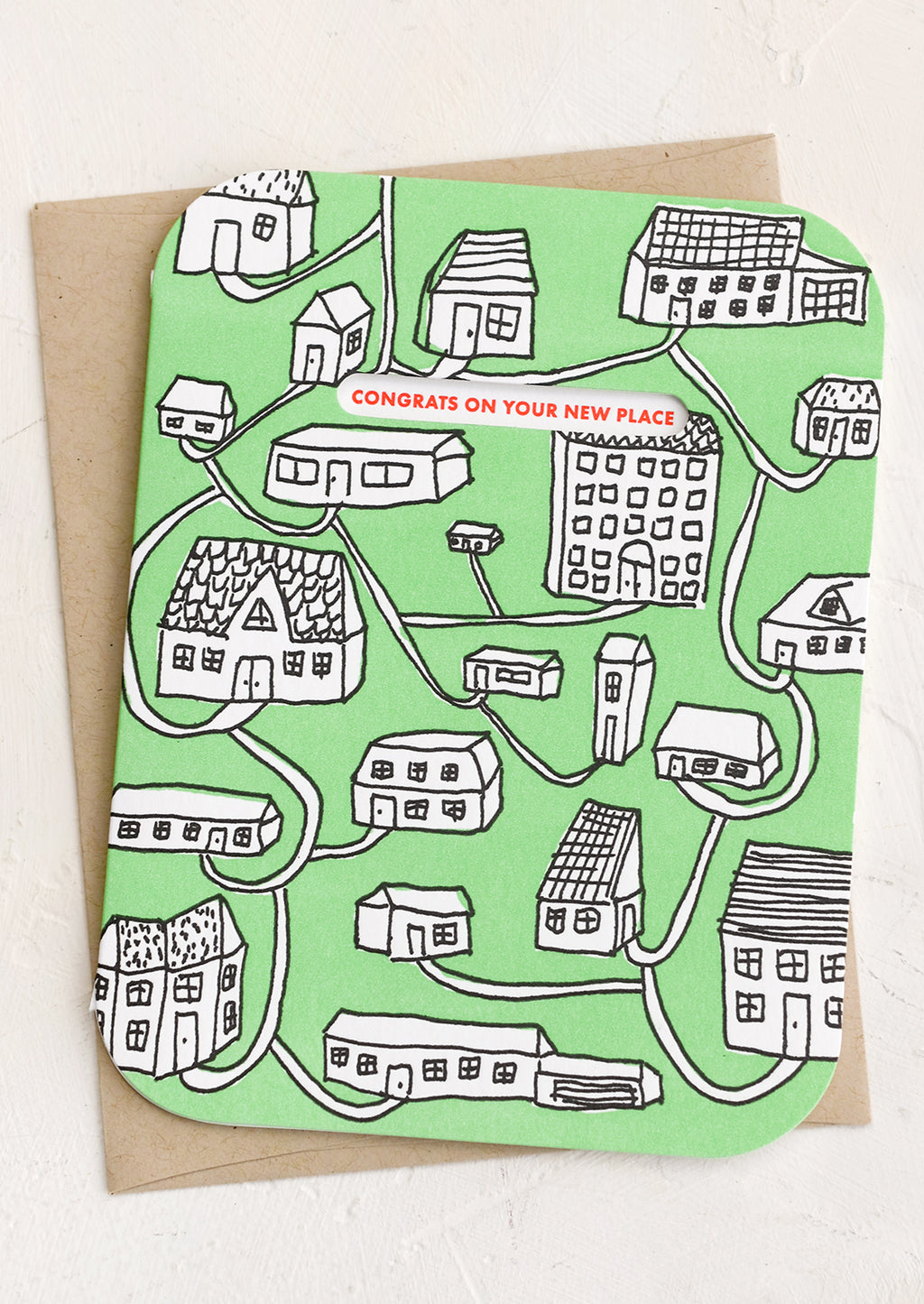 1: A green card with images of houses.