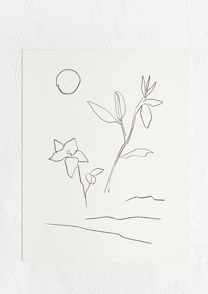 A black and white minimal line drawing art print with flowers, waves and sun.
