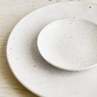 3: A ceramic dinner plate in natural with speckles.