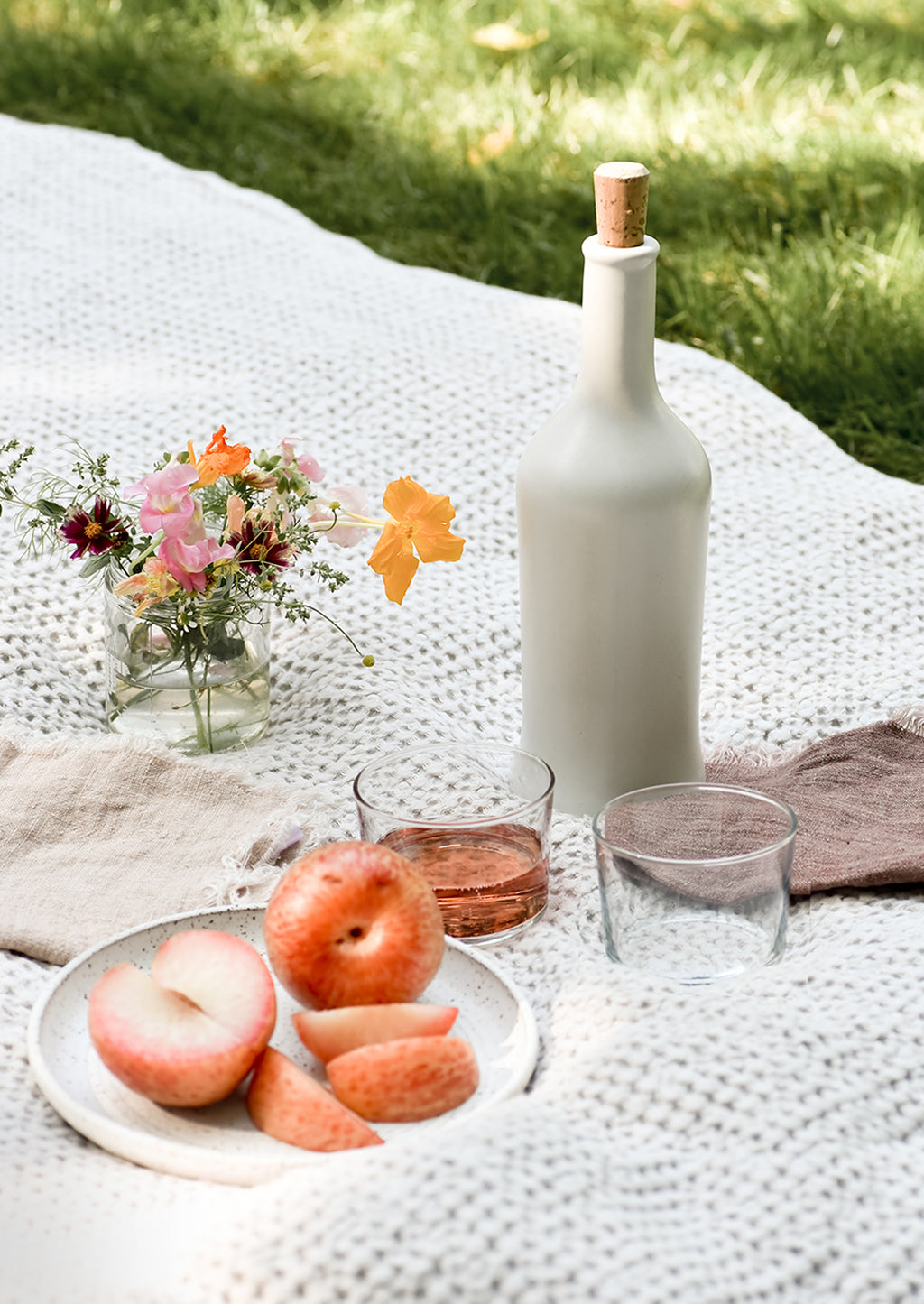 Tall / Satin White: An outdoor picnic setting with wine and pluots.