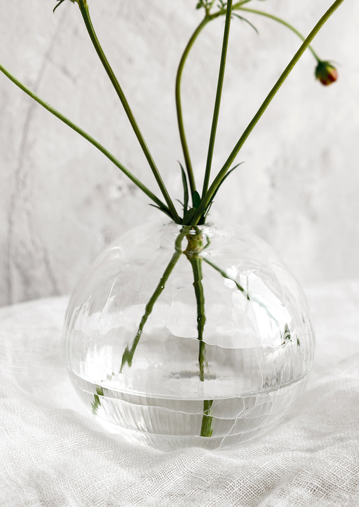 A clear bud vase in orb-like shape with crackle texture.