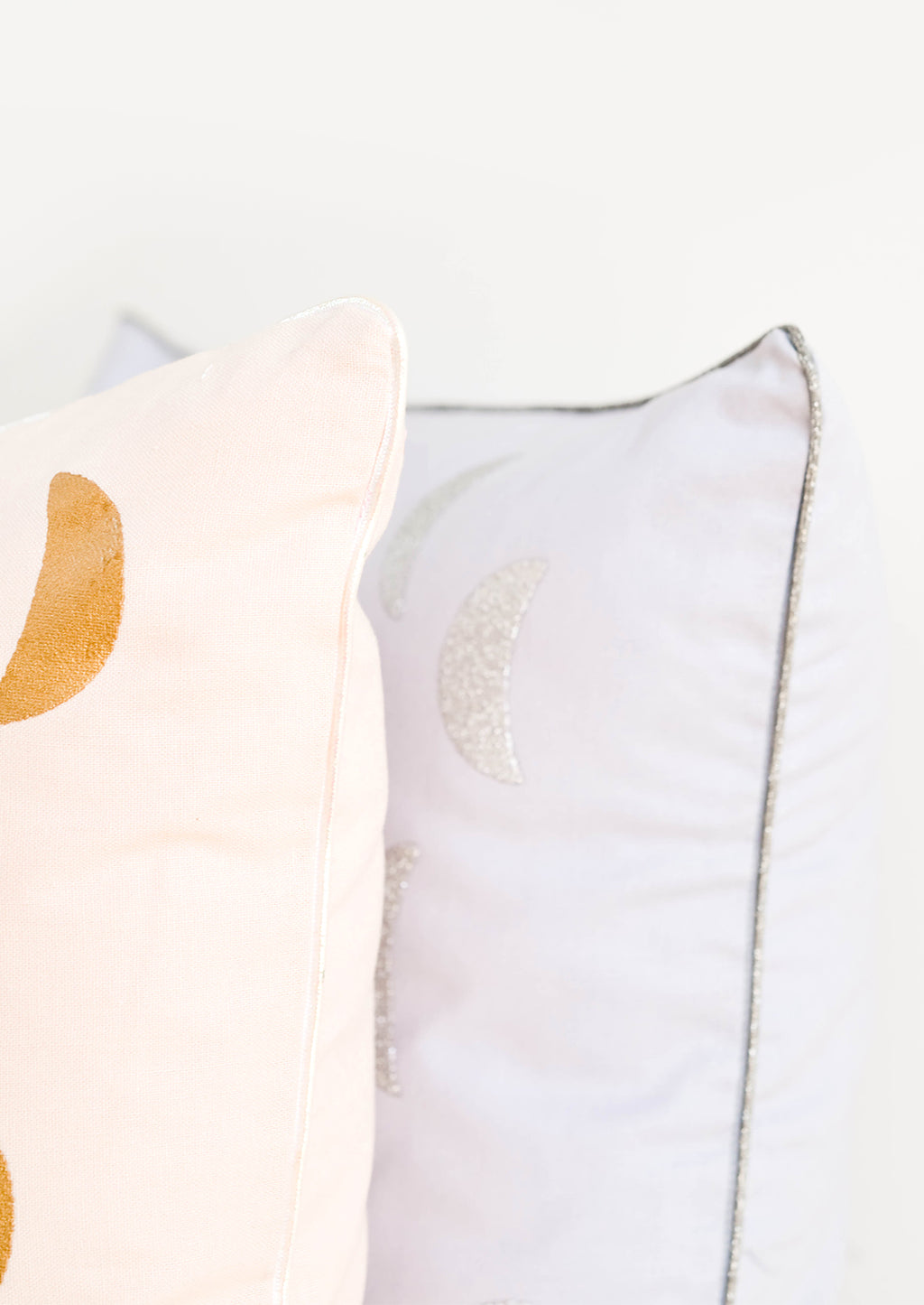 3: Detail of Moon Printed Pillows with Metallic Piped Trim Detail - LEIF