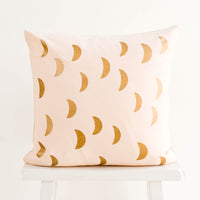 1: Square Throw Pillow in Light Pink with Printed Front, Metallic Crescent Moon Print in Gold