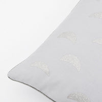 Smoke / Silver Glitter [$39.99]: Grey linen blend throw pillow with silver glitter moon print on front, trimmed in metallic silver piping