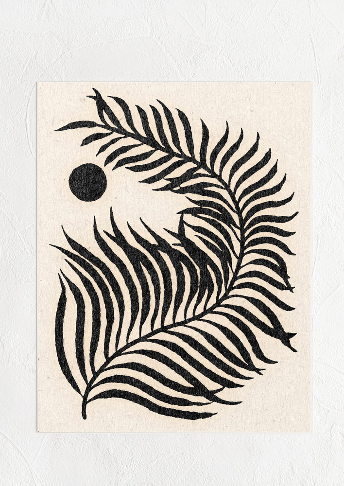 Cream and white digital art print with black image of curled palm leaf and small circle at top.