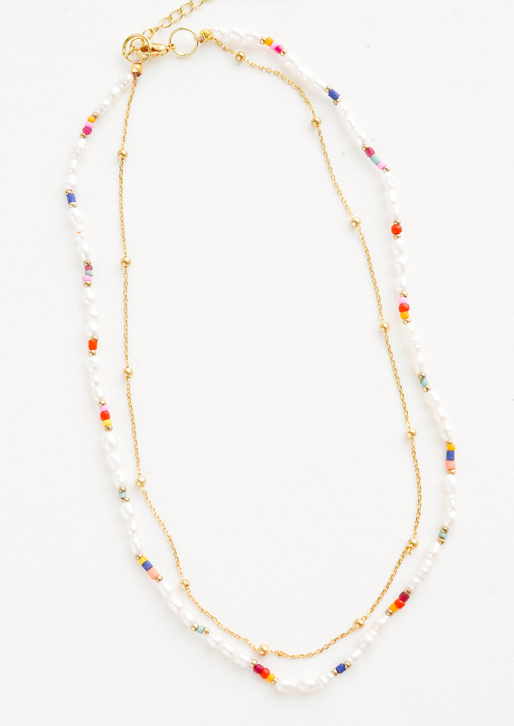 1: Double layer necklace with beaded pearl & glass bead layer and inner dainty gold chain layer