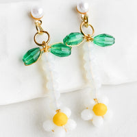 White Multi: Beaded flower earrings in white with pearl post.