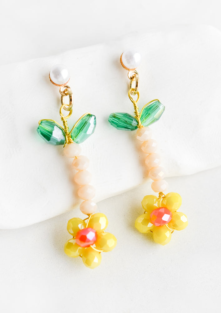 Yellow Multi: Beaded flower earrings in yellow with pearl post.