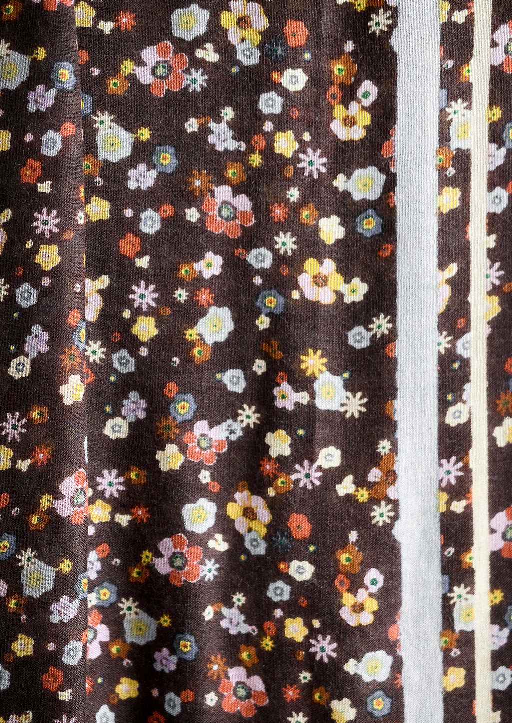 3: A floral print scarf with brown background and yellow and lilac border.