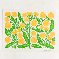 1: A risograph print of yellow and green dandelion block print design.