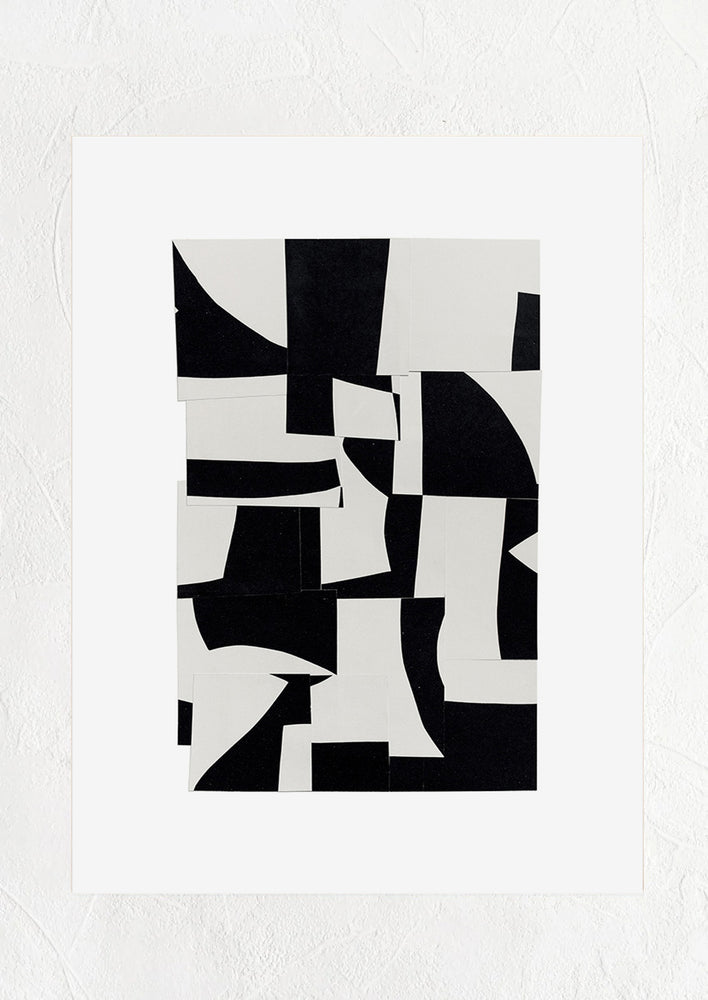 1: A black and white abstract art print with pieces of paper layered together.