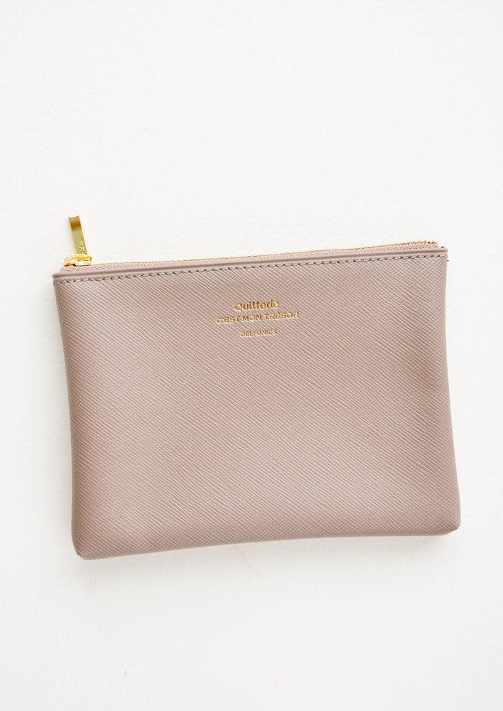 Taupe / Small: Small vinyl coin pouch with gold zipper and crosshatch texture, in grey.