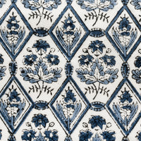 2: A block printed pillow in blue and white tile print.