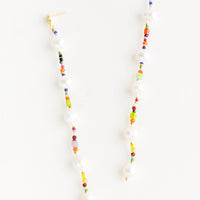 3: Long, dangly post back earrings made from a colorful mix of glass, gemstone & white pearl beads