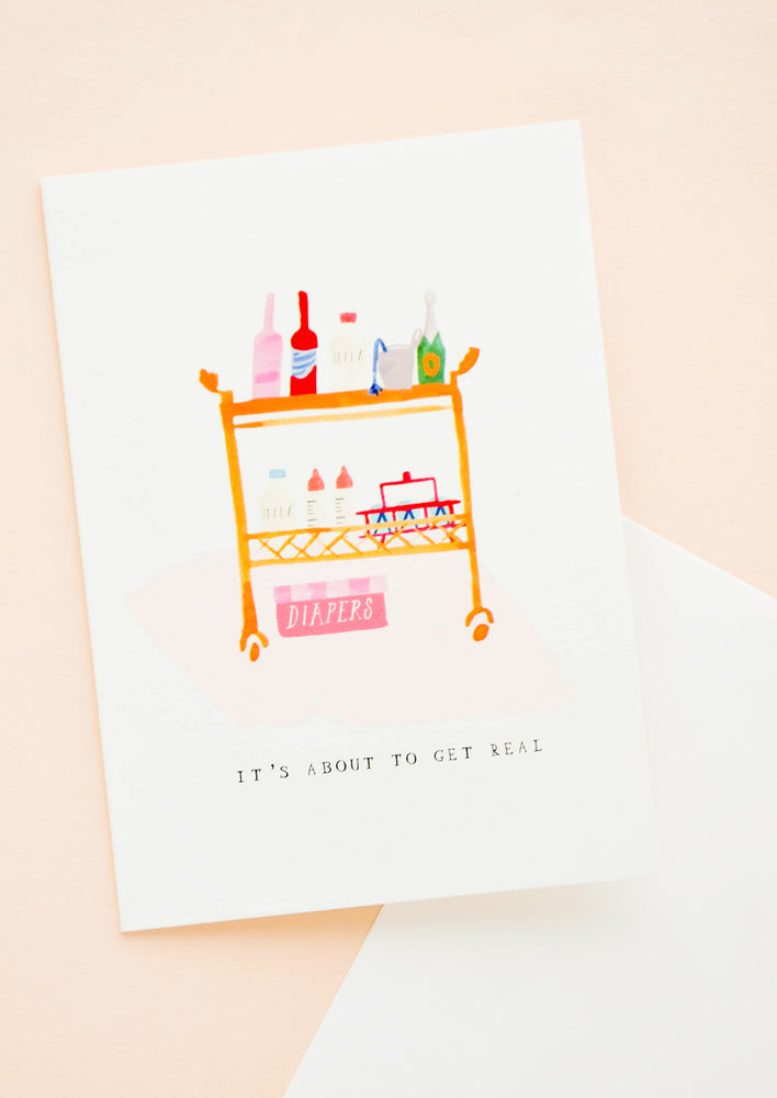 1: Greeting card with bar cart full of wine, diapers and baby bottles